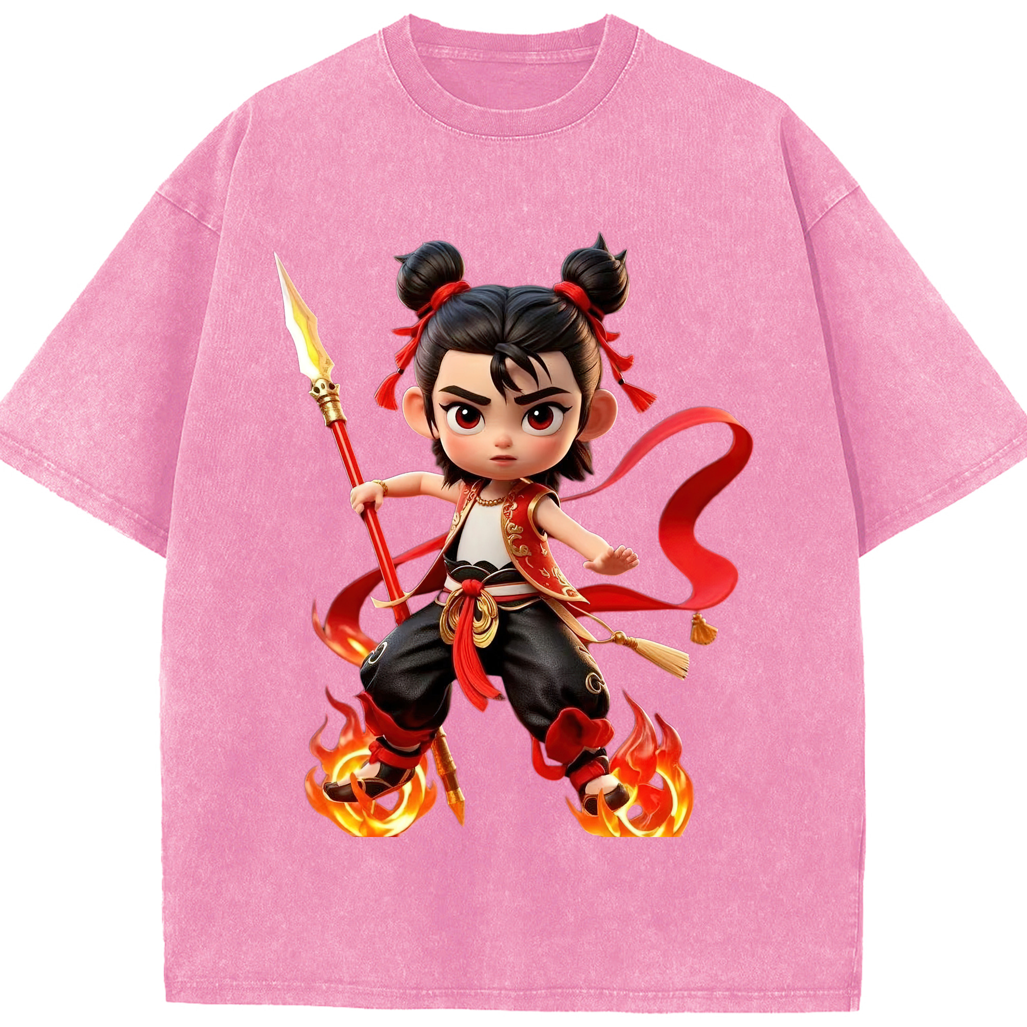 （画像用） Ne Zha 2 ナタ 魔童の大暴れ 綿100% ヴィンテージ風 半袖Tシャツ（フロントプリント）